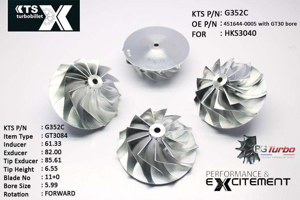 Turbo ROUE FORGÉE MFS PERFORMANCE - 11+0 PALES - INDUCER : 61,33 - EXDUCER : 82 - TYPE : GT3084ANGLE : 45° - ROTATION : Forward - SUPER BACK : 2,35 - BORE SIZE : 5,99
